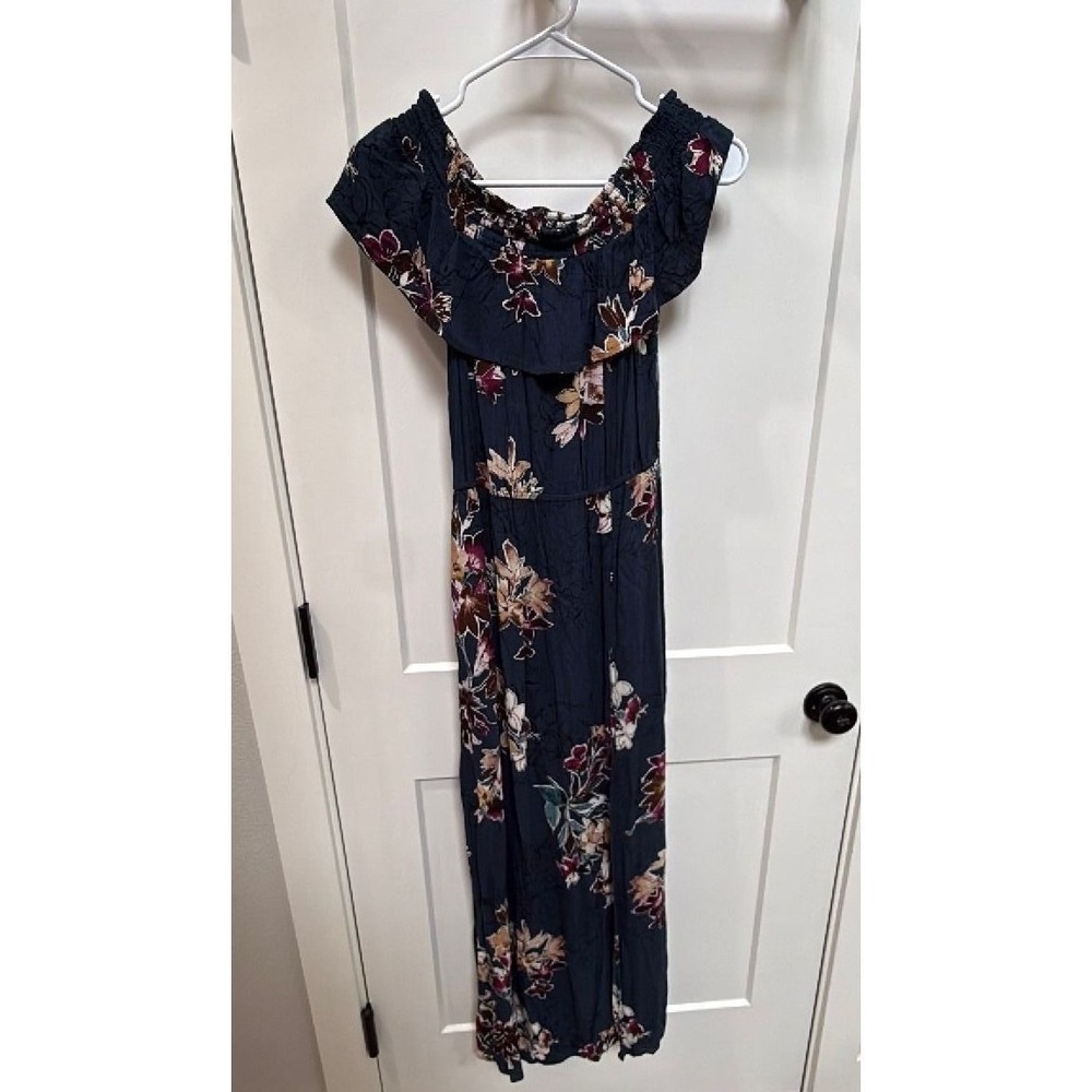 Xhilaration Off Shoulder Floral Maxi Dress XS Blue Boho Slit Pockets